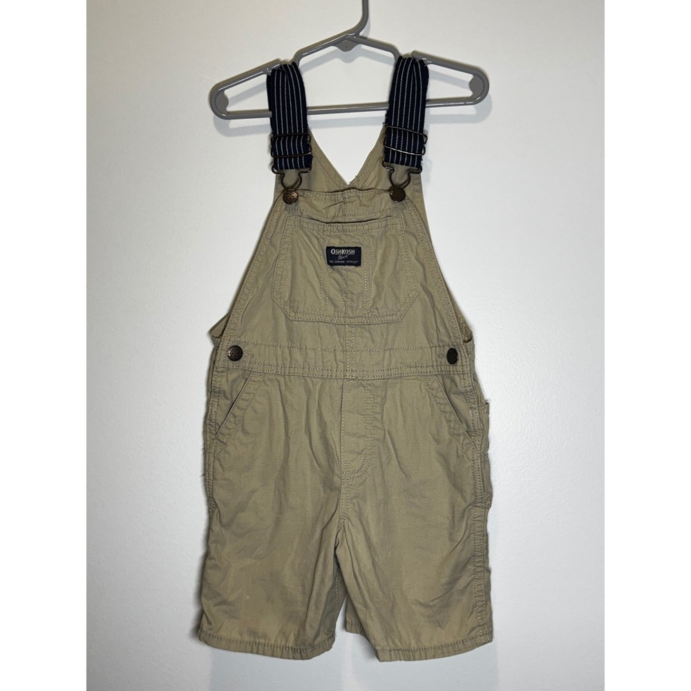 OshKosh Bgosh Kids Khaki Tan Canvas Shortalls Overalls Size 4T Striped Straps